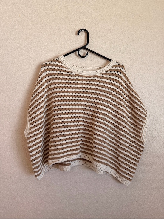 World Market Tops - World Market Women’s Striped Crochet Sweater Poncho - Cream & Tan